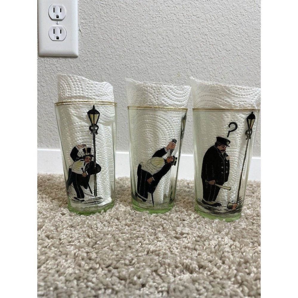 Uranium Glass Sloshed Dandy Hand Painted Tumbler Set Of 3 *READ*